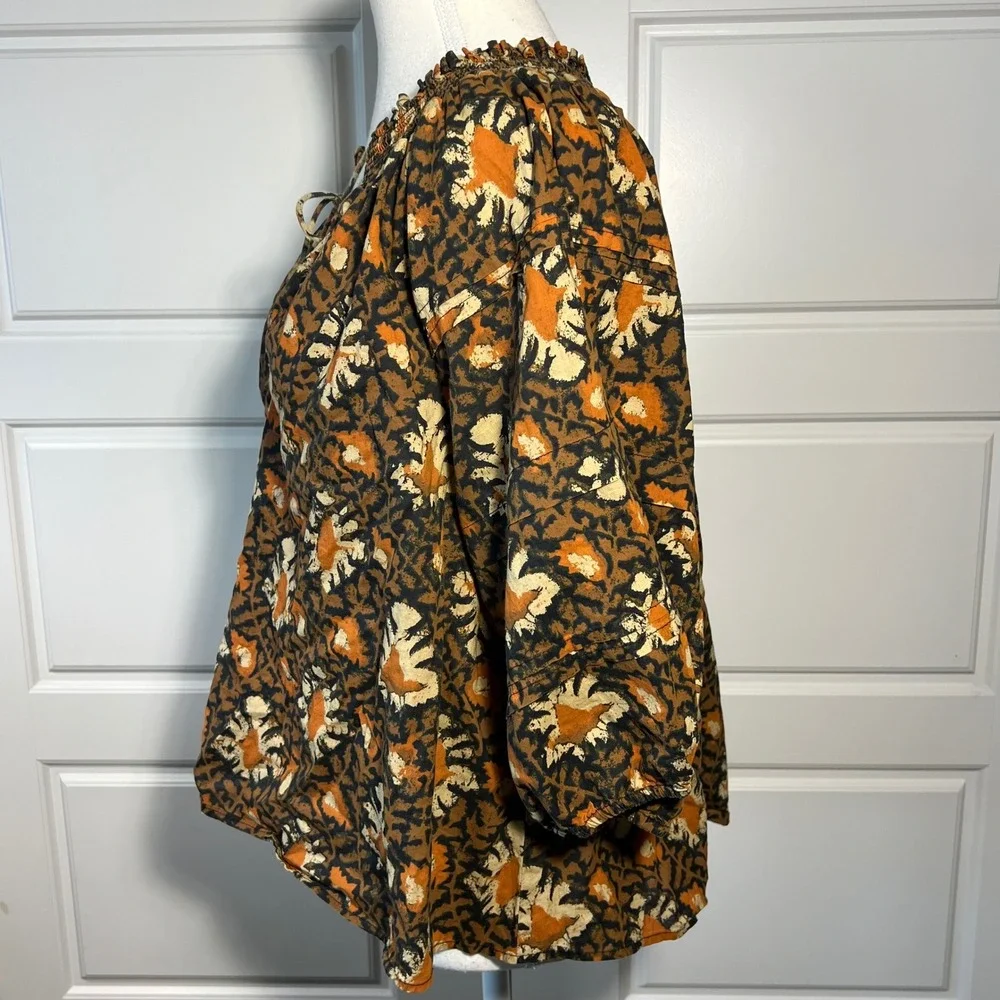 Free People Floral Print Smocked Neck Tie Neck Blouse‎ Brown Black Cream Medium